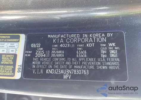 2022 Kia Soul Lx z USA, uszkodzony, nr VIN KNDJ23AU3N7830763